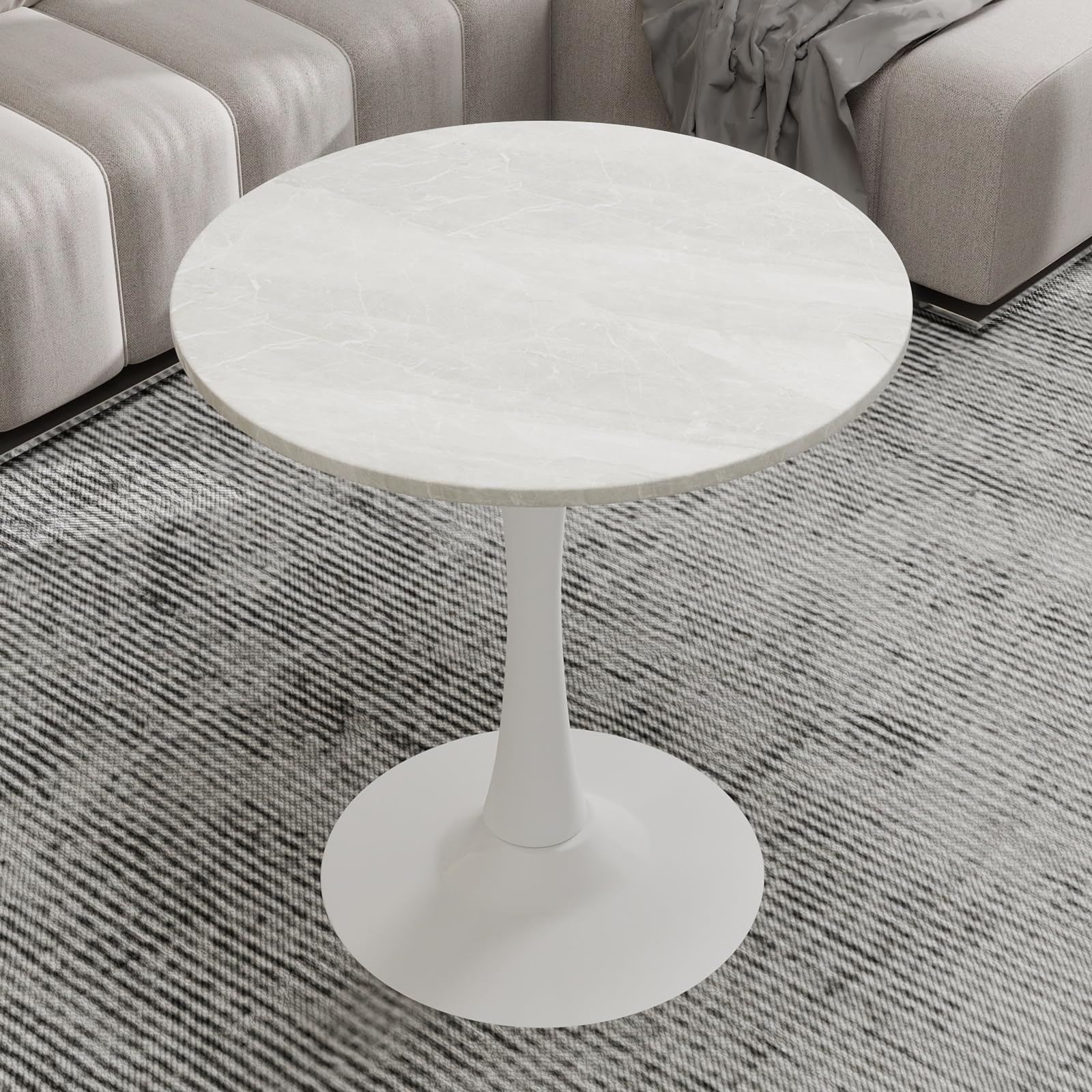 27.6" Marble Round Tulip Table, Mid-Century Modern Style Dining Table with White Pedestal Base for 2-4 People, Featuring A Marble Tabletop for Kitchen, Dining Room, Cafe (Grayish White)