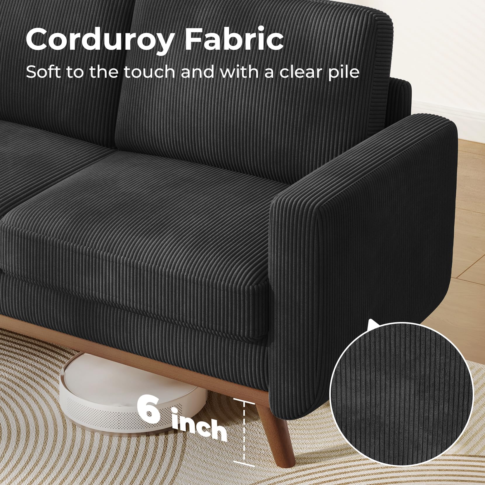 68" Loveseat Sofa Black, Comfy Corduroy Couch with Spring Cushion and Solid Wood, Modern Extra Deep Seat for Bedroom, Living Room, Office