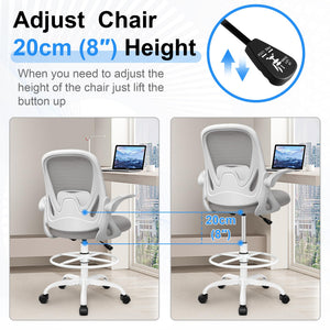 Drafting Chair Tall Office Chair with Flip-up Armrests, Adjustable Height, and Enhanced Lumbar Support - Ergonomic Rolling Stool, Back Support, and Adjustable Foot Rest Ring for Standing Desk Gray