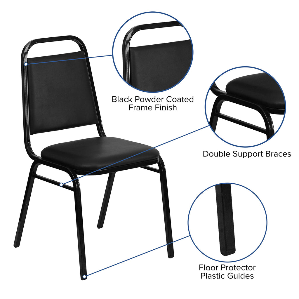 Trapezoidal Back Vinyl Stackable Banquet Chair, Multipurpose Stacking Chair with Padded Seat and Back, Black