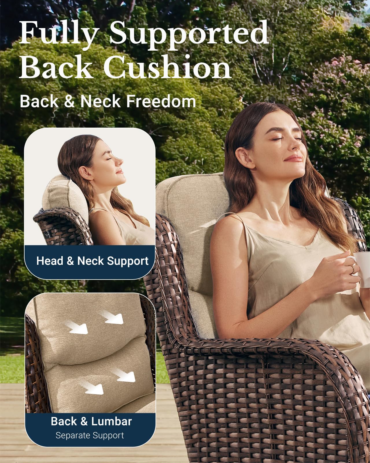Luxury Patio Furniture Set with 6-inch Thick Cushion, Outdoor High Back Swivel Rocker Patio Chairs, 2PCS Wicker Conversation Set for Deck Yard and Poolside, Beige (V2)