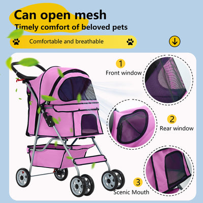 Pet Stroller 4-Wheel Dog Cat Stroller Travel Folding Carrier Puppy Stroller with Cup Holder and Removable Liner for Small Medium Dogs Cats, Pink