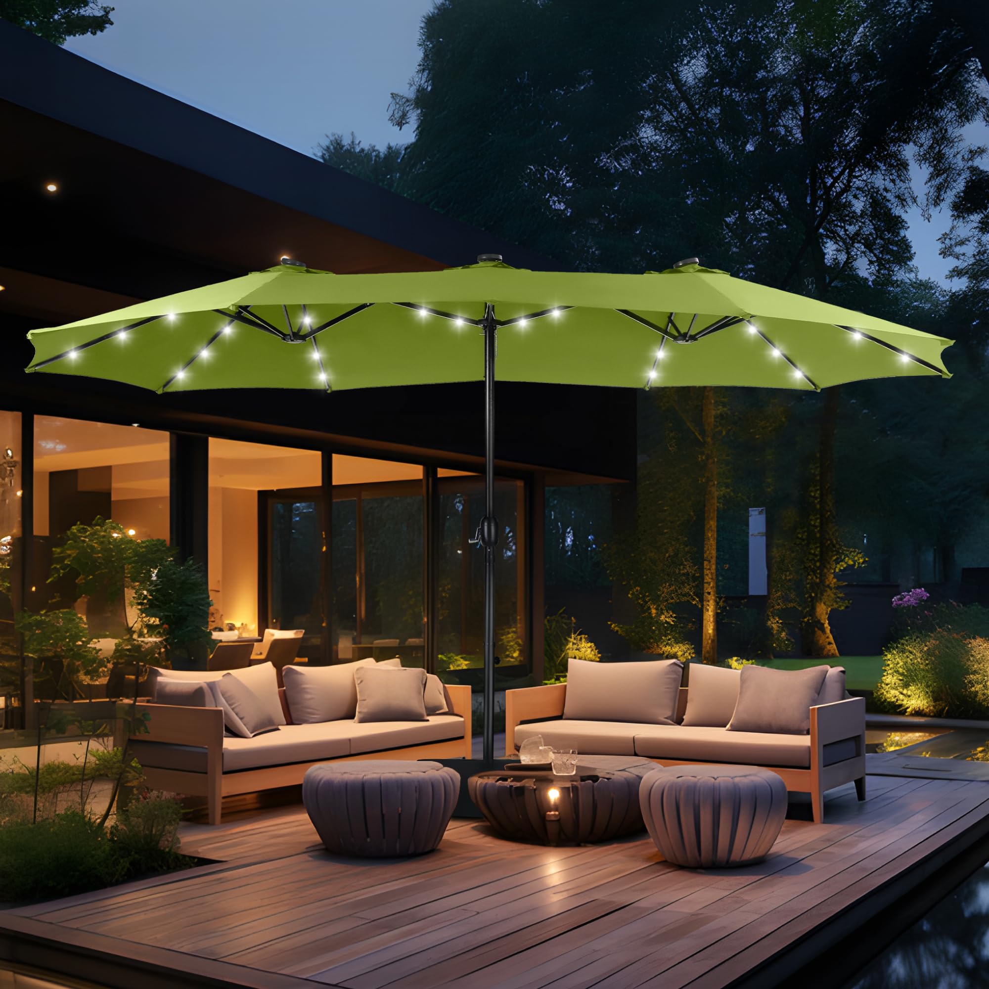 15ft Double Sided Patio Umbrella with Solar Lights, Outdoor Large Umbrellas with Crank Handle and 36 LED Lights, Rectangular Market Umbrella with Base Included for Deck Pool Shade, Lime Green