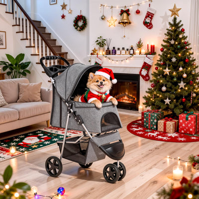 3 Wheels Pet Dog Cat Stroller for Small Medium Dogs and Cats, Lightweight Foldable Jogger Stroller w/Storage Basket and Cup Holder, Gray
