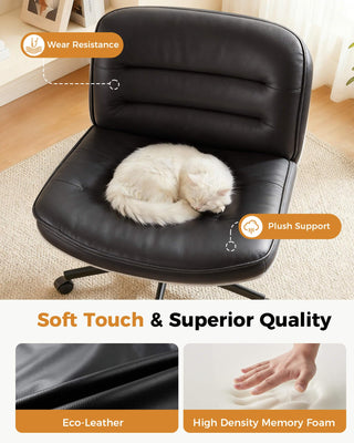 Cross Legged Office Chair with Wheels Armless Office Desk Chair, Modern Vanity Computer Task Chairs for Home Bedroom, Comfortable Wide Seat for Lower Back Pain Relief, PU Leahter, Black