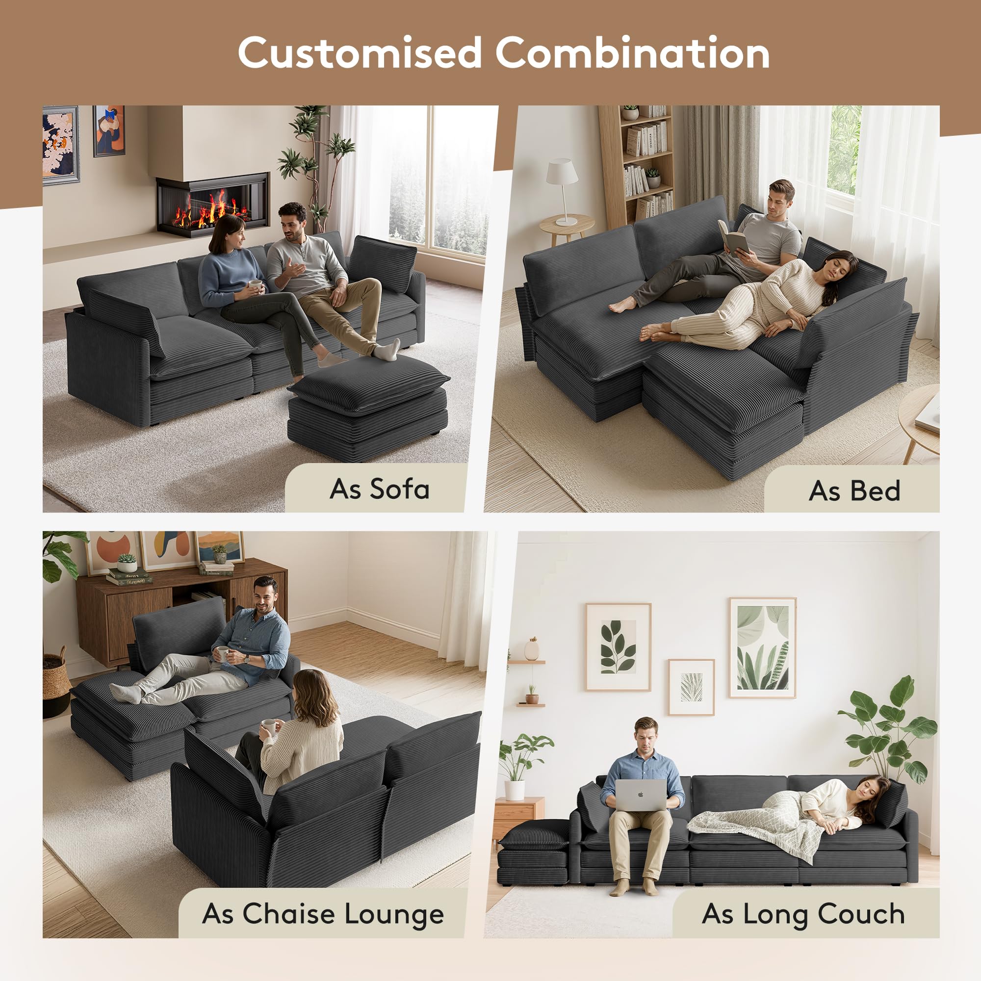 104'' Modular Sectional Cloud Couch with Movable Ottoman, 4 Seat Modern Corduroy Sofa, Deep Seat L Shaped Couch for Living Room Bedroom Apartment, Dark Grey