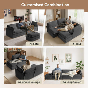 104'' Modular Sectional Cloud Couch with Movable Ottoman, 4 Seat Modern Corduroy Sofa, Deep Seat L Shaped Couch for Living Room Bedroom Apartment, Dark Grey