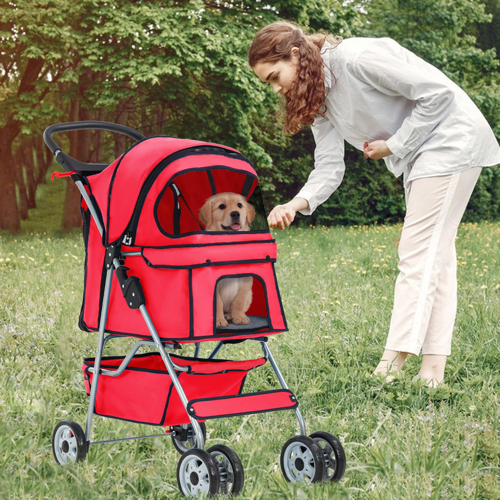 Pet Stroller 4-Wheel Dog Cat Stroller Travel Folding Carrier Puppy Stroller with Cup Holder and Removable Liner for Small Medium Dogs Cats, Red