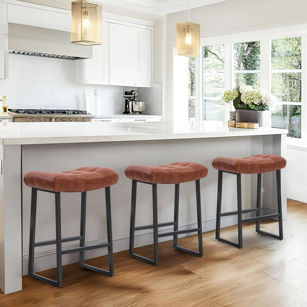 Counter Height Bar Stool for Kitchen Counter Modern Backless Barstool with Upholstered Faux Leather Seat and Metal Frame Industrial 24 inch Bar Chair, Brown