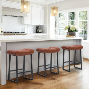Modern Bar Stools Set of 6 for Kitchen Counter 24 inch Counter Height Backless Barstools with Upholstered Faux Leather Saddle Seat and Metal Frame Industrial Bar Chairs, Brown