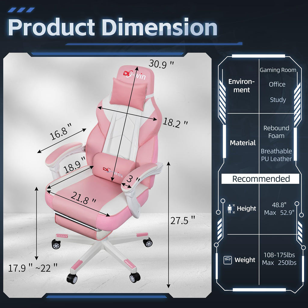 Video Gaming Chairs for Adults, Gamer Chair with Footrest, High Back, Big and Tall Gamer Chair‘s with Massage Lumbar Support, 360° Swivel Height Adjustable Computer Chaires, Pink