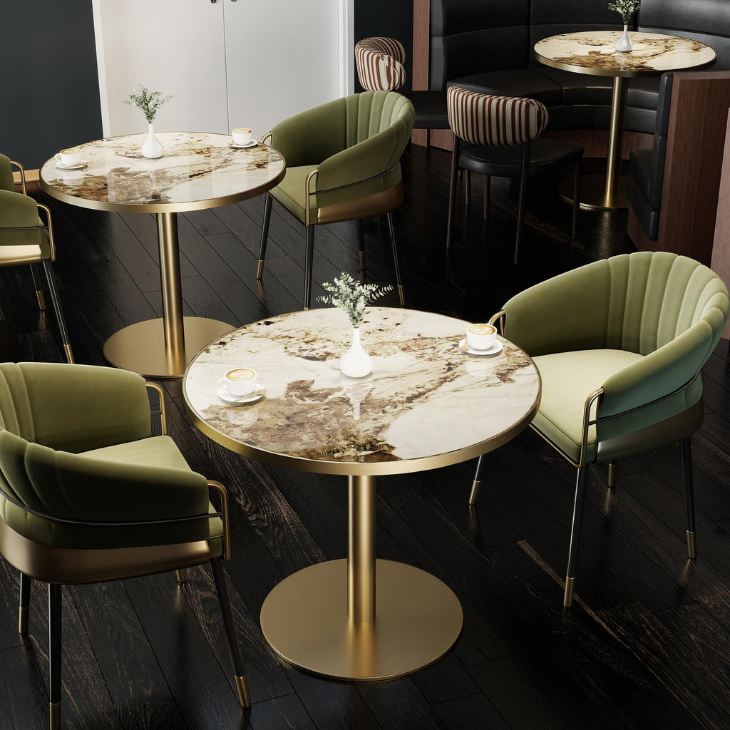 31.5" Tulip Table,Round Kitchen Dining Table for 2-4 with Thick Sintered Stone Top,Titanium Golden Pedestal Base,Heat-Resistant,Bistro Table for Dining Room,Café,Small Space（Cloud Amber）