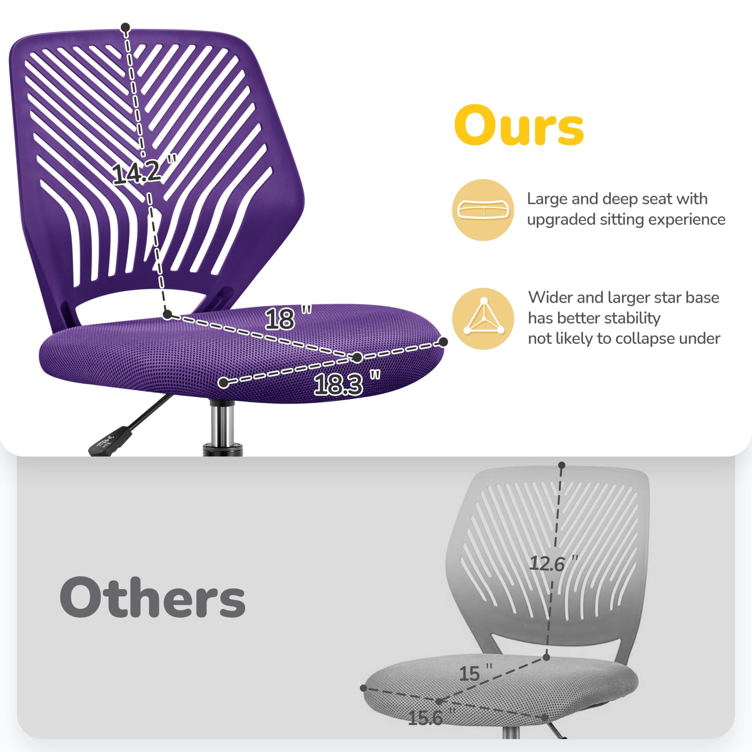 Students Cute Desk Chair Low-Back Armless Study Chair w/Lumbar Support Adjustable Swivel Chair in Home Bedroom School, Purple