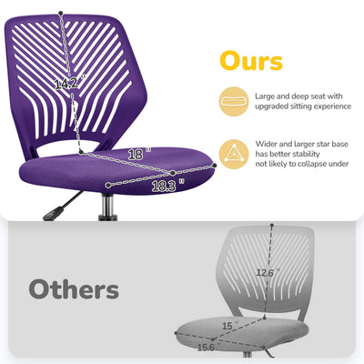 Students Cute Desk Chair Low-Back Armless Study Chair w/Lumbar Support Adjustable Swivel Chair in Home Bedroom School, Purple