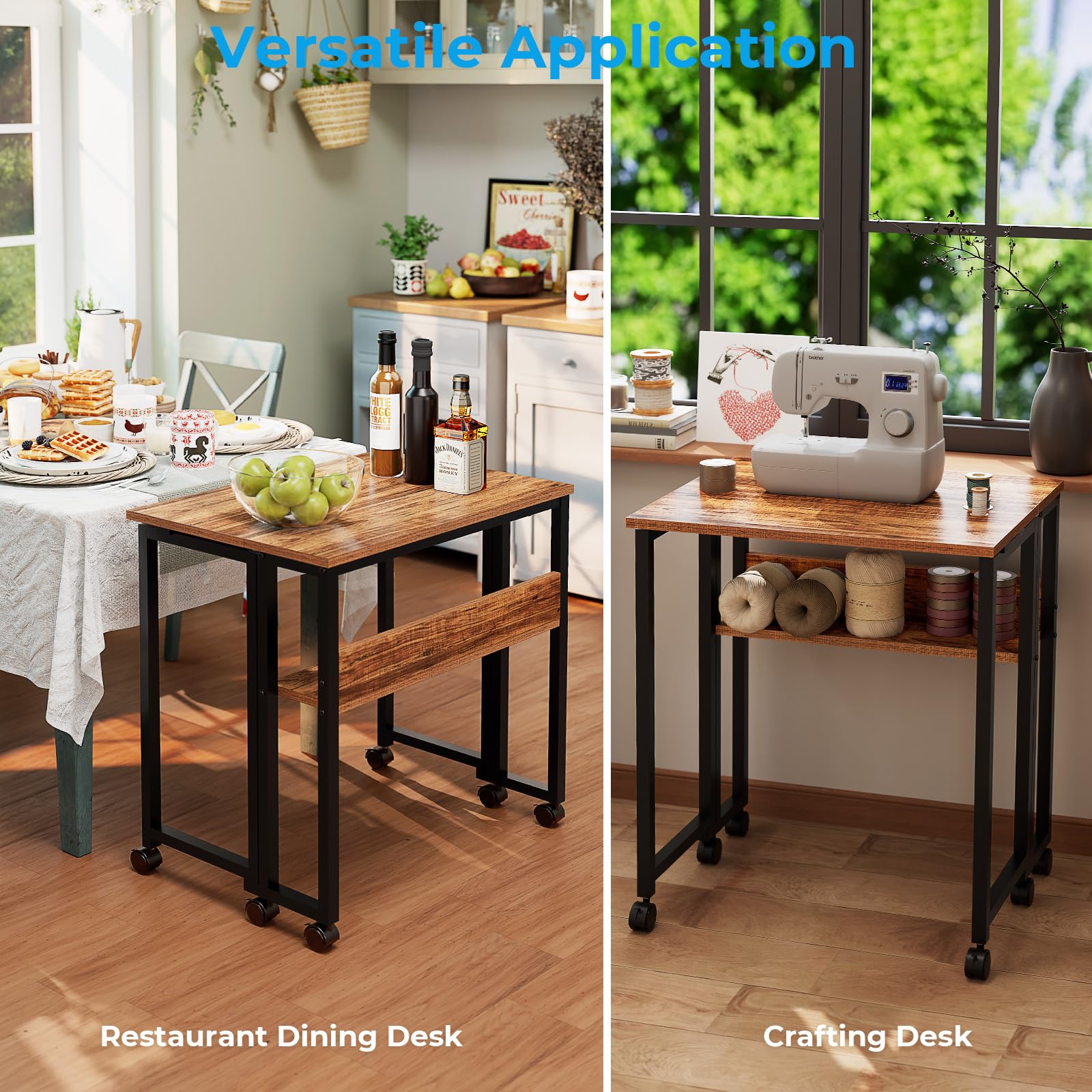 Folding Desk with Wheels, 31.5 Inch Compact Rolling Computer Table with Storage Shelf, Portable Mobile Workstation for Small Spaces, Easy Assembly, Walnut