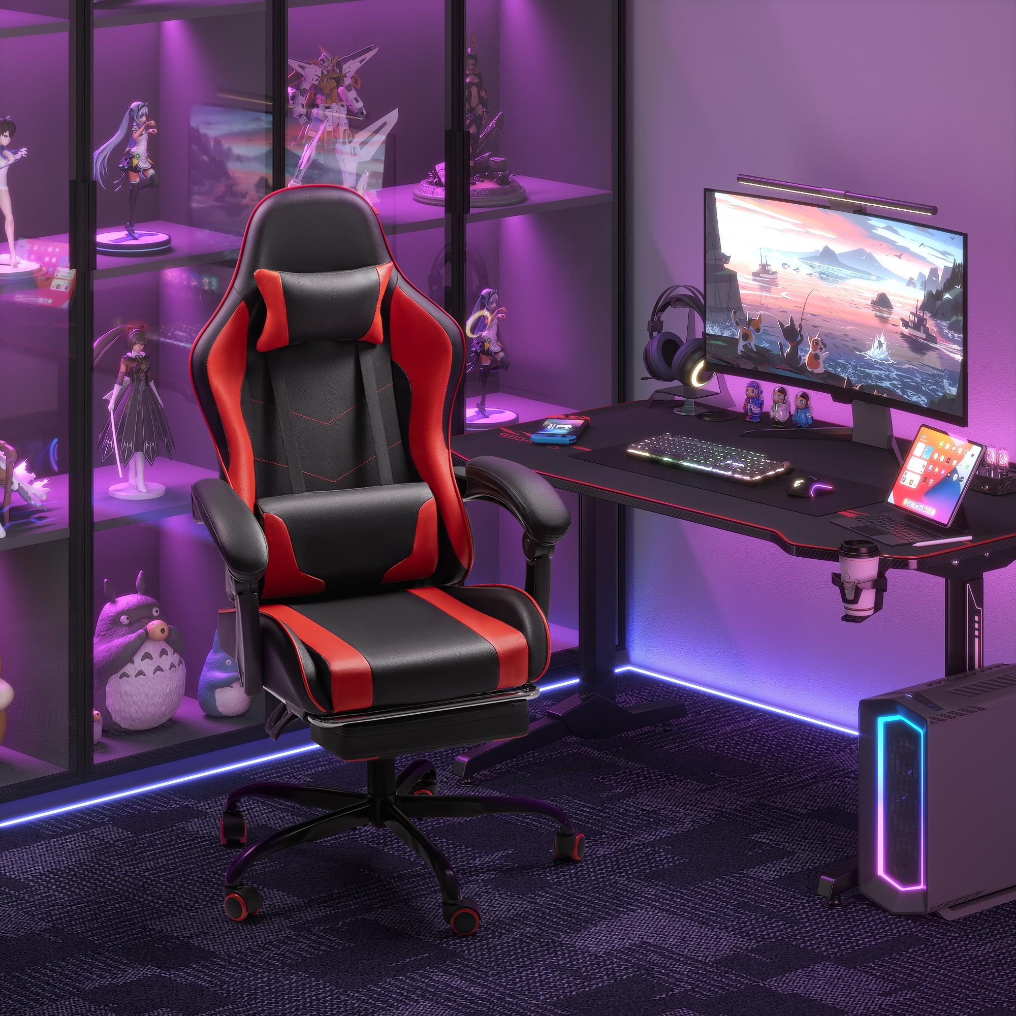 Gaming Chair, Video Game Chair with Footrest and Massage Lumbar Support, Ergonomic Computer Chair Height Adjustable with Swivel Seat and Headrest (Red)