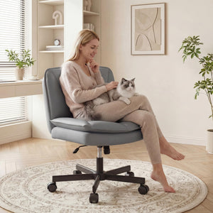 Ergonomic Office Chair, Comfy Criss Cross Chair with Wheels and 2 Layer Cushion, Wide Swivel Chair for Bedroom, Home Office, Makp-up Room, PU Leather, Grey
