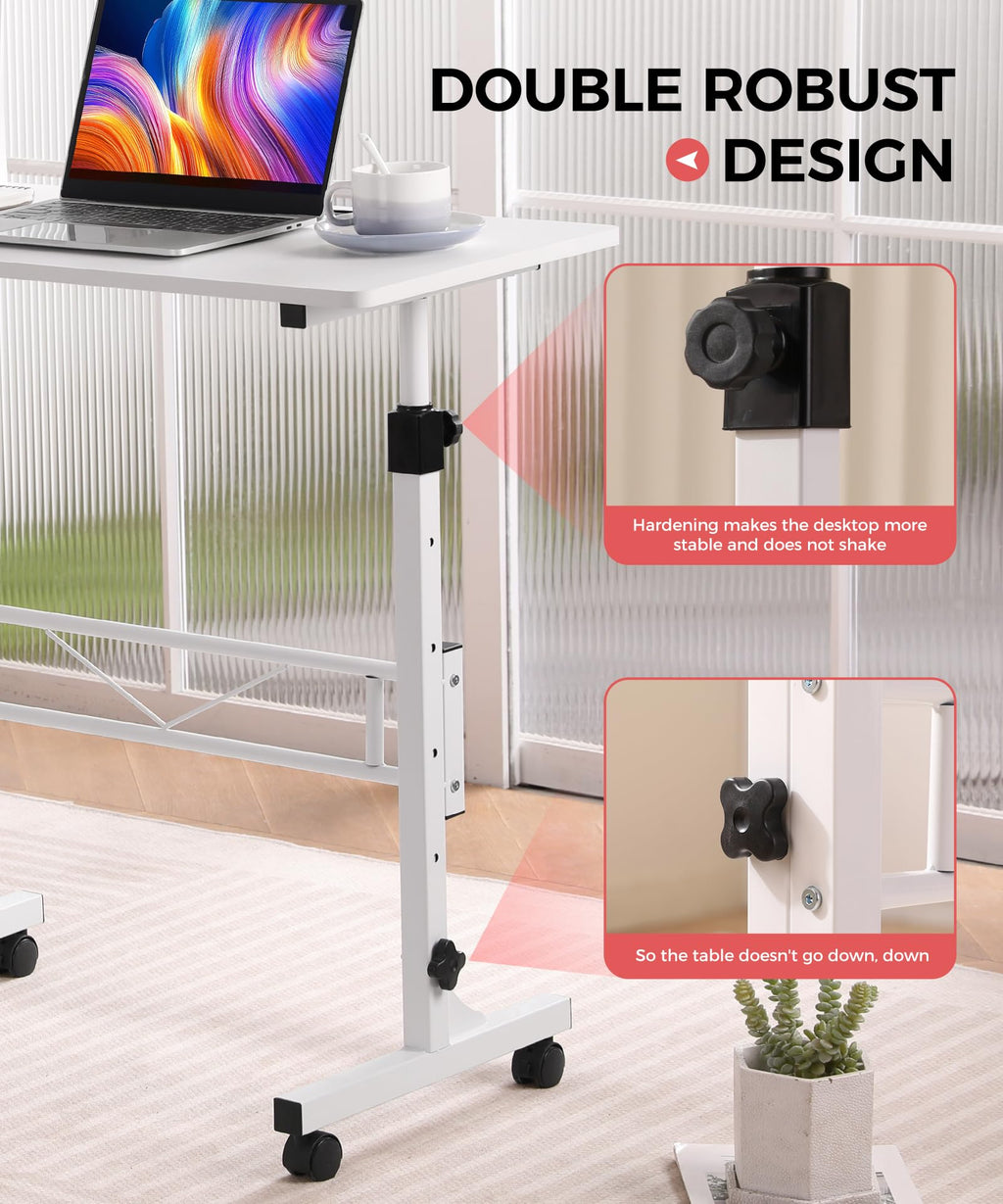 Standing Desk Adjustable Height, Mobile Stand Up Desk with Wheels Small Computer Desk Rolling Desk, Portable Laptop Desk White Standing Table Home Office Desks 16"x31.5" Height 27"-43.5"