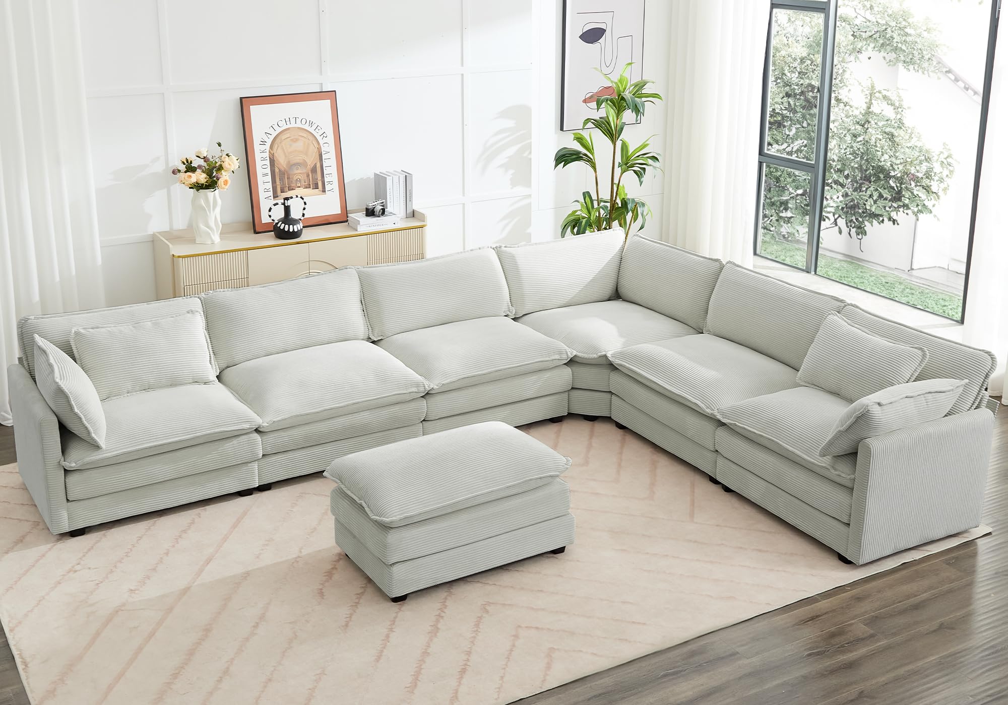 150'' Modular Sectional Corner Cloud Couch, 7 Seater Sofa Big Comfy Corduroy V Shaped Couch with 4 Throw Pillows, Movable Ottoman, Couches for Living Room Office Light Grey
