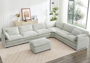 150'' Modular Sectional Corner Cloud Couch, 7 Seater Sofa Big Comfy Corduroy V Shaped Couch with 4 Throw Pillows, Movable Ottoman, Couches for Living Room Office Light Grey