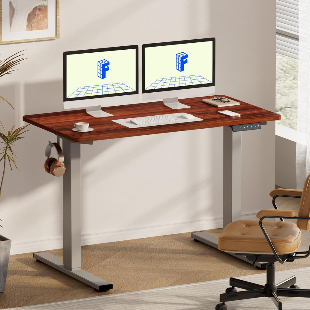 EN1 One-Piece Standing Desk, Electric Adjustable with 4 Memory Presets, 176 LBS Capacity, Stable & Quiet, Seamless Desktop for Home Office & Dual Monitors, 55"x28" Mahogany(Silver Frame)