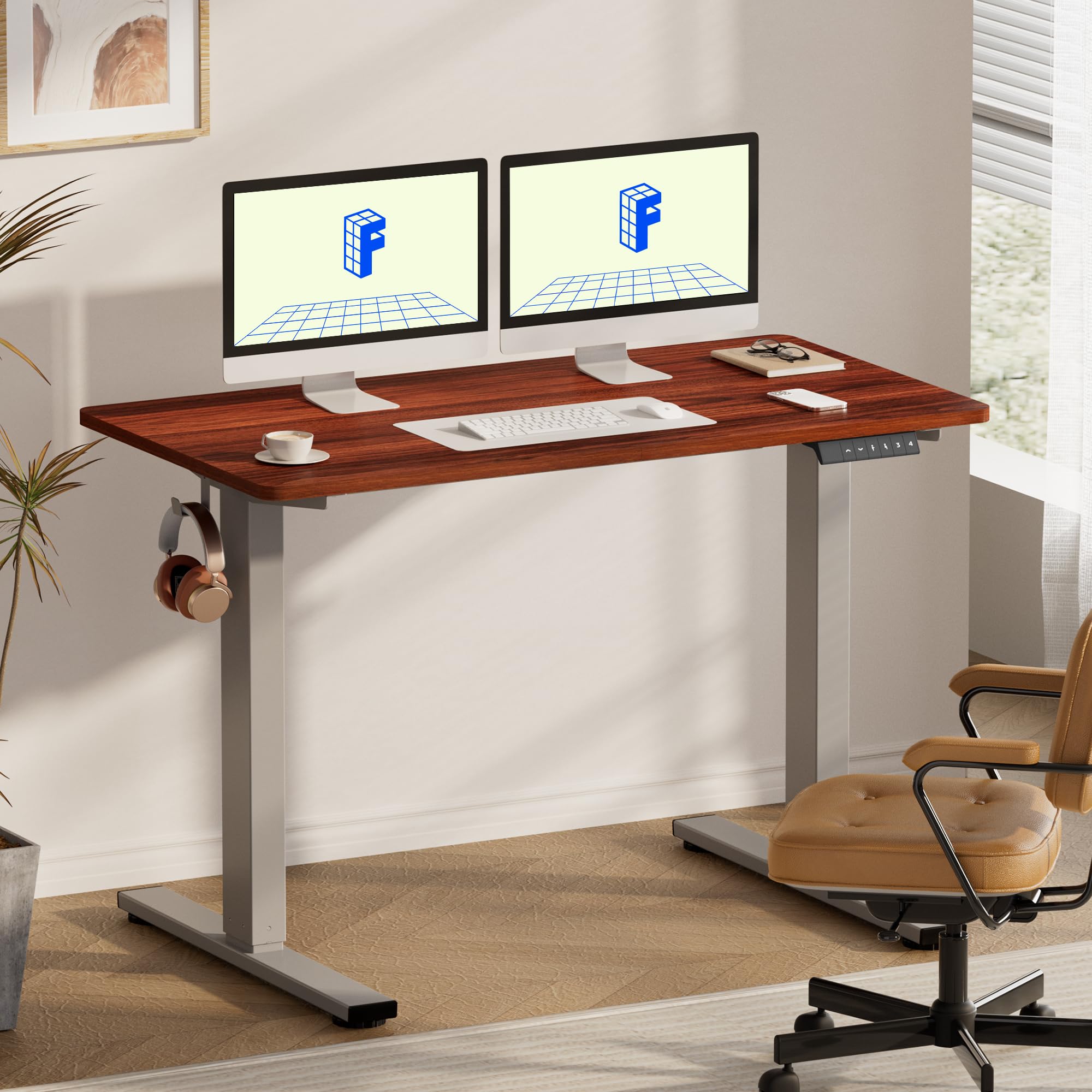EN1 One-Piece Standing Desk, Electric Adjustable with 4 Memory Presets, 176 LBS Capacity, Stable & Quiet, Seamless Desktop for Home Office & Dual Monitors, 55"x28" Mahogany(Silver Frame)