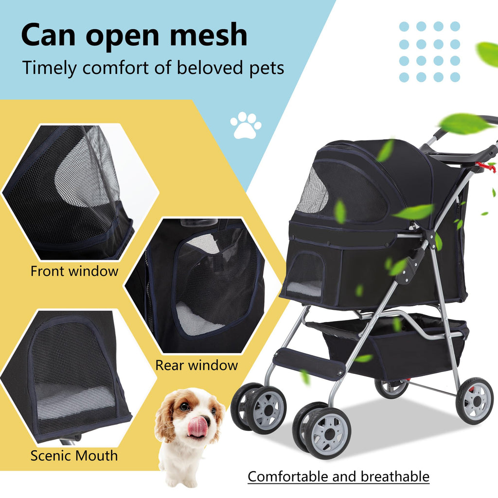 Pet Stroller 4-Wheel Dog Cat Stroller Travel Folding Carrier with Cup Holder and Removable Liner for Small Medium Dogs Cats, Dark Black