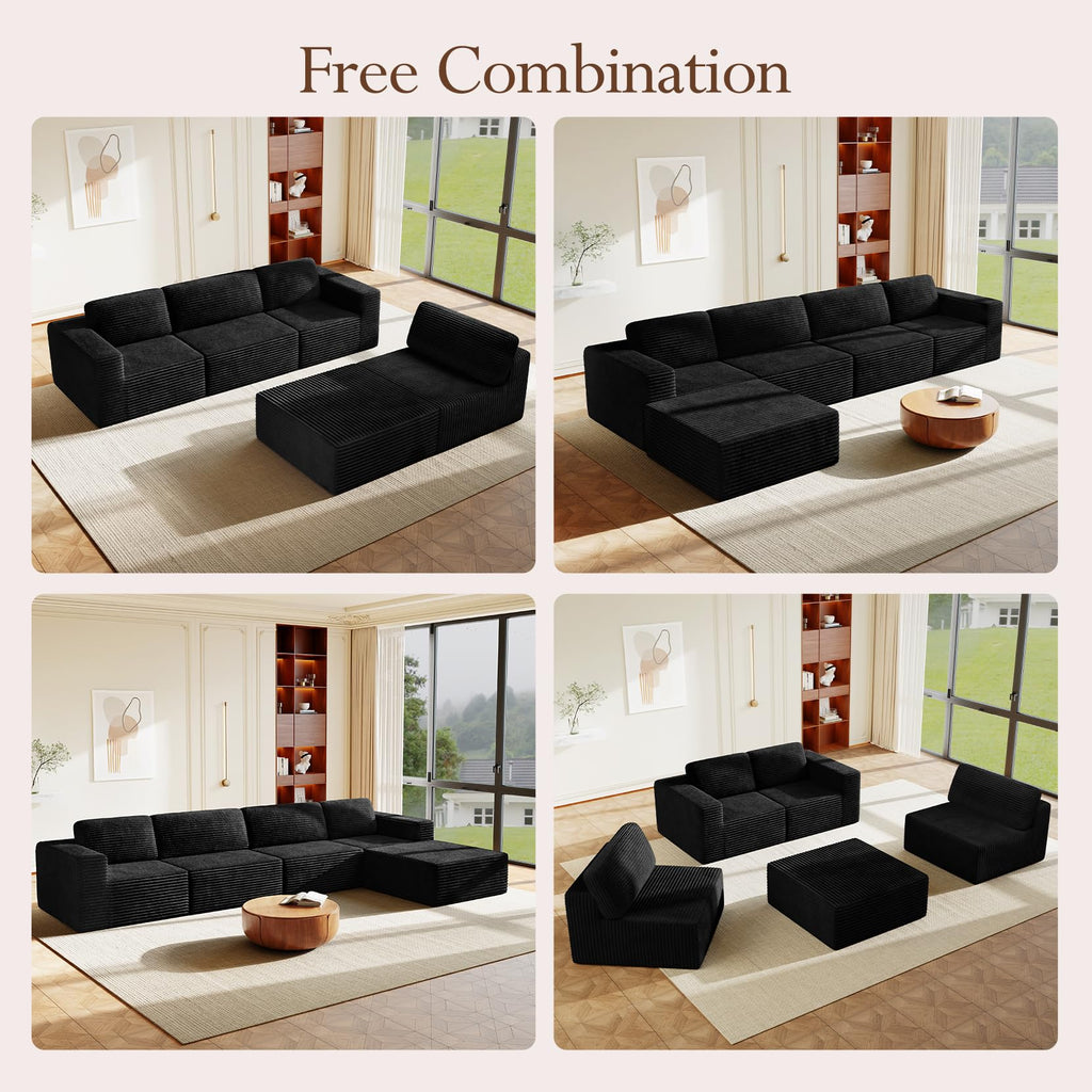 159" Large Modular Sectional Sofa, L-Shaped Corduroy Cloud Couch with Deep Seats & Spring Support, 4-Seater Boneless Sofa with Movable Ottoman, No Assembly Needed, Black