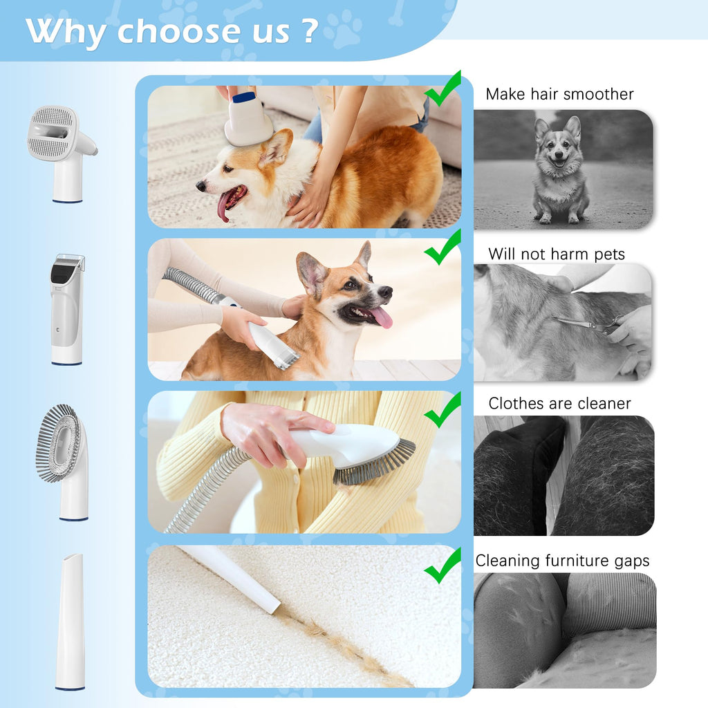 Dog Grooming Vacuum, Pet Grooming Vacuum Kit 2.3L Suction 99% Pet Hair with 5 Tools for Dog Cat for Shedding Grooming, Low Noise (Blue & White)