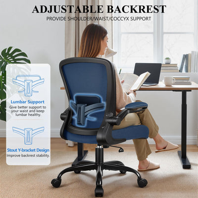 Office Chair, Ergonomic Desk Chair Breathable Mesh Chairs Adjustable High Back Lumbar Support Flip-up Armrests, Executive Rolling Swivel Comfy Computer Chairs Home Office Navy