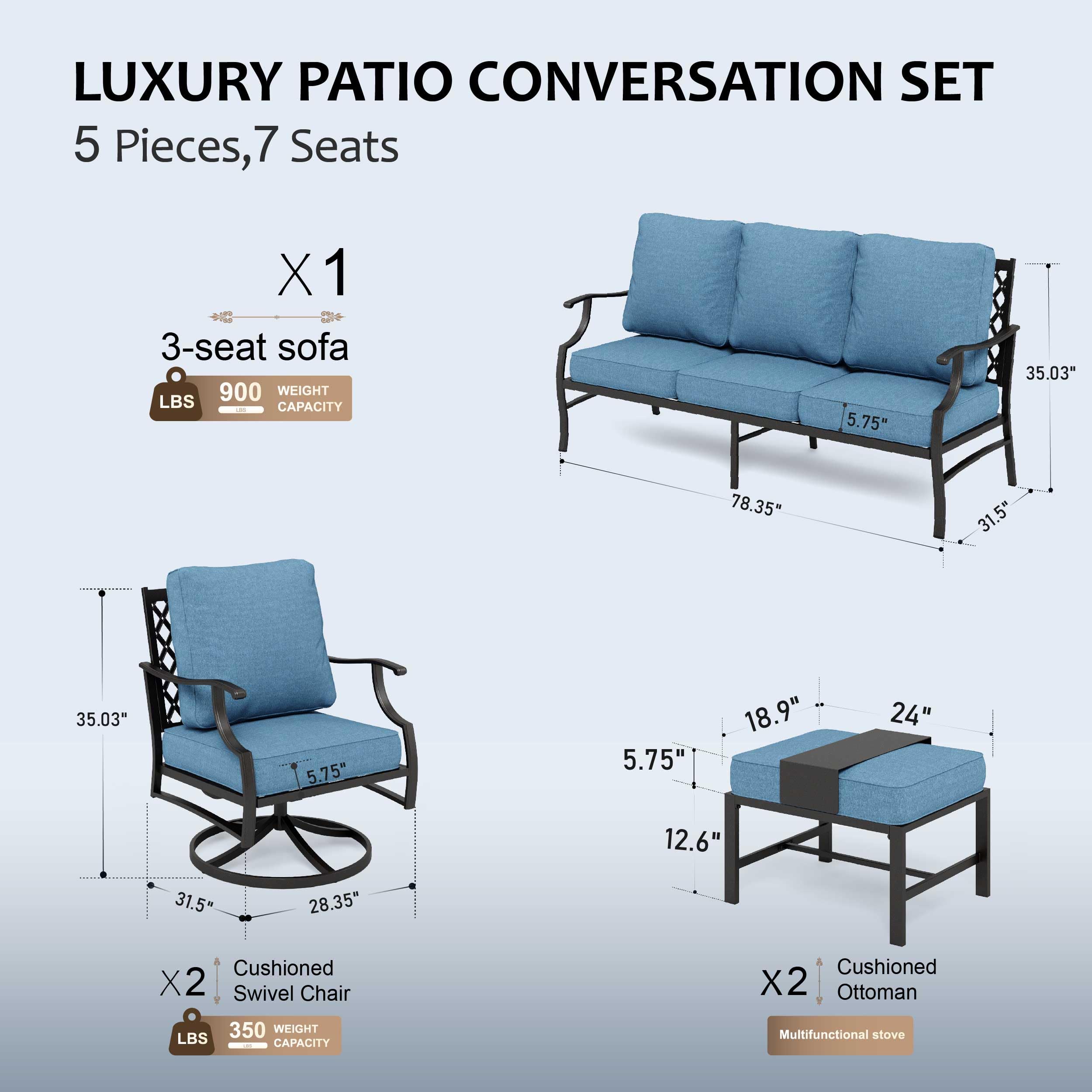 5 Piece Patio Furniture Set, 2 x Swivel Chair, 2 x Ottoman, 1 x 3-Seat Sofa, All Cushioned 7 Seats Metal Outdoor Conversation Set for Lawn Garden Backyard