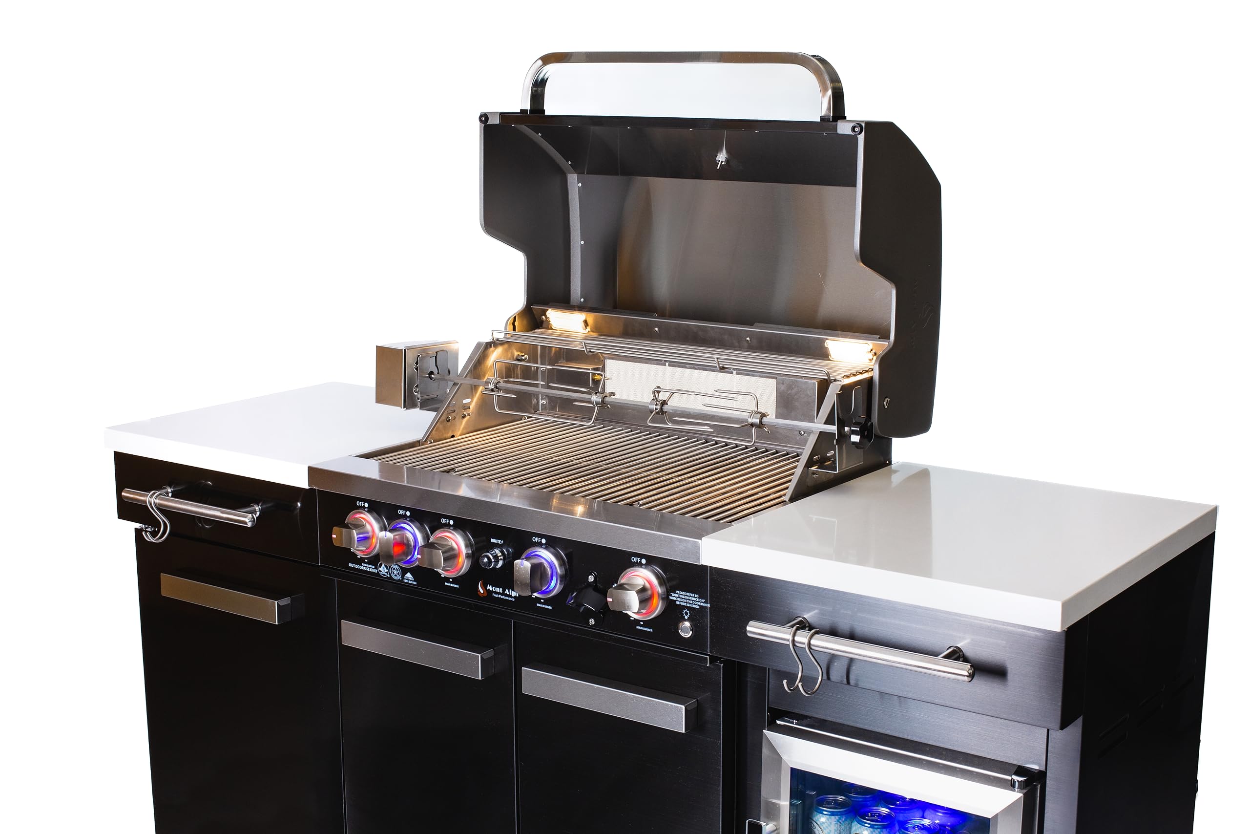 Premium 70"W x 24"D Black Stainless Steel Compact Outdoor Kitchen Island with Refrigerator + 32"W 4-Burner BBQ Grill with Infrared Rotisserie Burner + Storage Cabinets + Granite Countertops