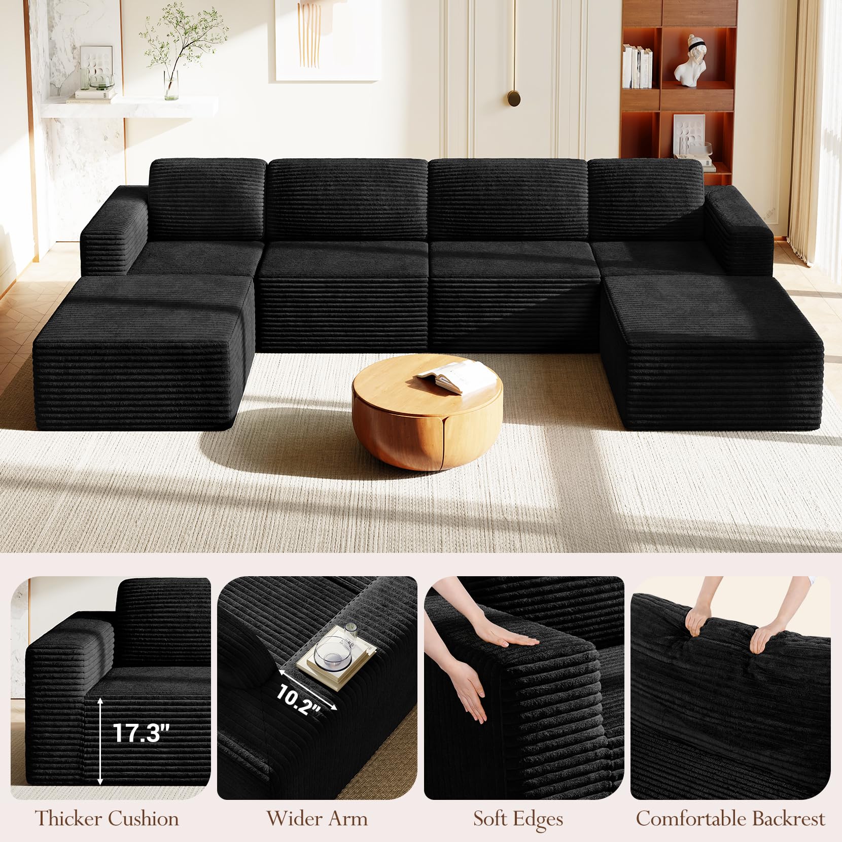 159" Large Modular Sectional Sofa, U-Shaped Corduroy Cloud Couch with Deep Seats & Spring Support, 4-Seater Boneless Sofa with 2 Movable Ottomans, No Assembly Needed, Black