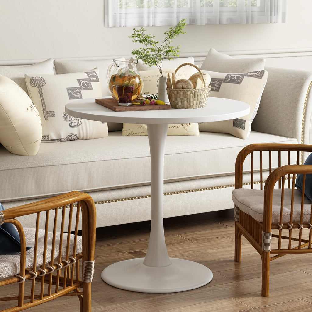Round Dining Table 30" Circle Tulip Table with Wood Thickened Tabletop & Sturdy Metal Pedestal Mid Century Modern Leisure Bistro Kitchen Tables 4 People Small Places Living Room Cafe,White