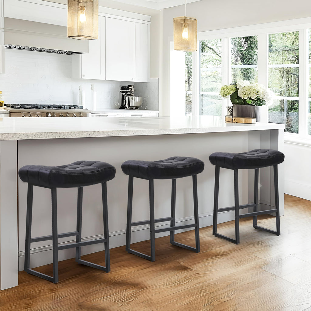 Black Bar Stools Set of 6 for Kitchen Island Counter Height Stools Modern Backless Barstools with Upholstered Faux Leather Saddle Seat and Metal Frame Industrial Bar Chairs, 24 inch