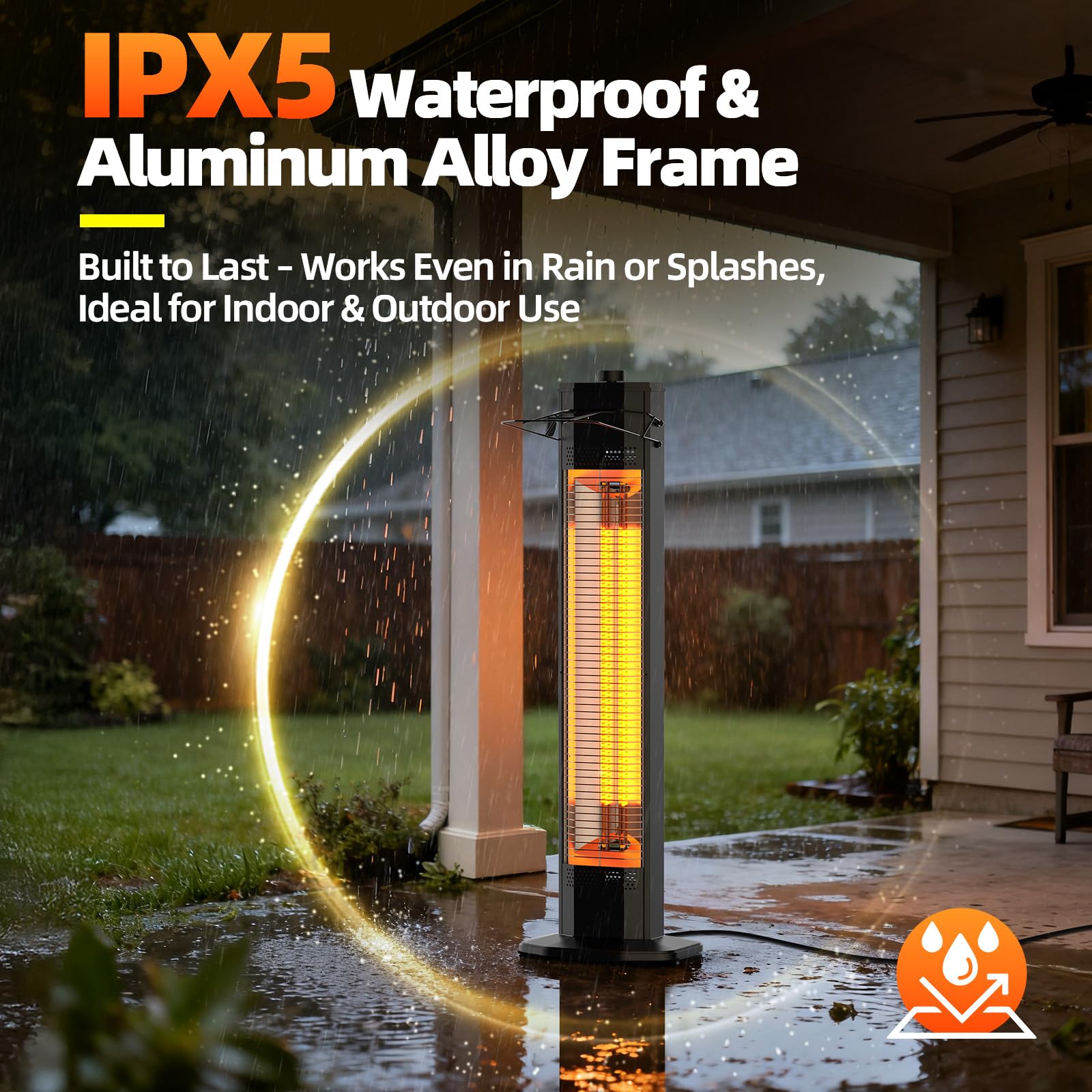 Outdoor Electric Patio Heater, 34- inch Outdoor Electric Patio Heater, 1500W Instant Heating, 3 Heat Levels, Tip-Over & Overheat Protection, IPX5 Waterproof Portable Garage Heater Porch Indoor