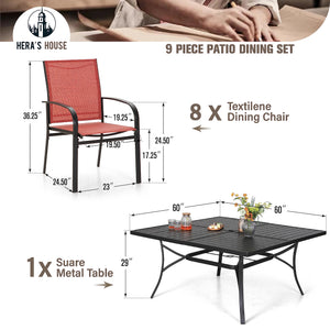 Patio Dining Set 9 Pieces, Outdoor Table and Chairs Set for 8, 8 x Red Textilene Dining Chair, 60