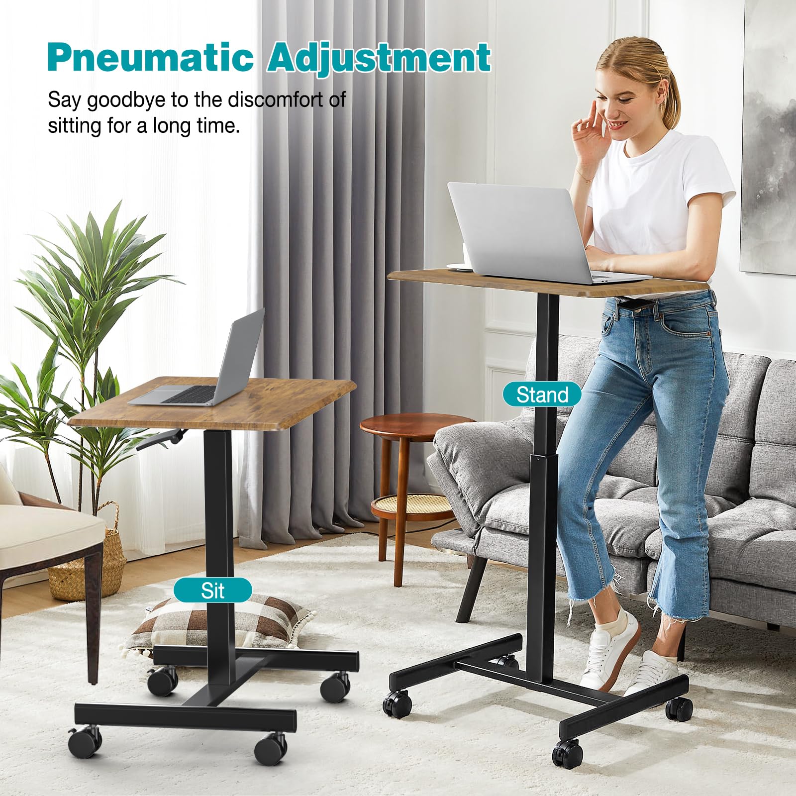 Mobile Small Standing Desk, Portable Rolling Laptop Desk with 2 Lockable Wheels, Adjustable Height Computer Workstation for Home Office, 19 Inch Brown