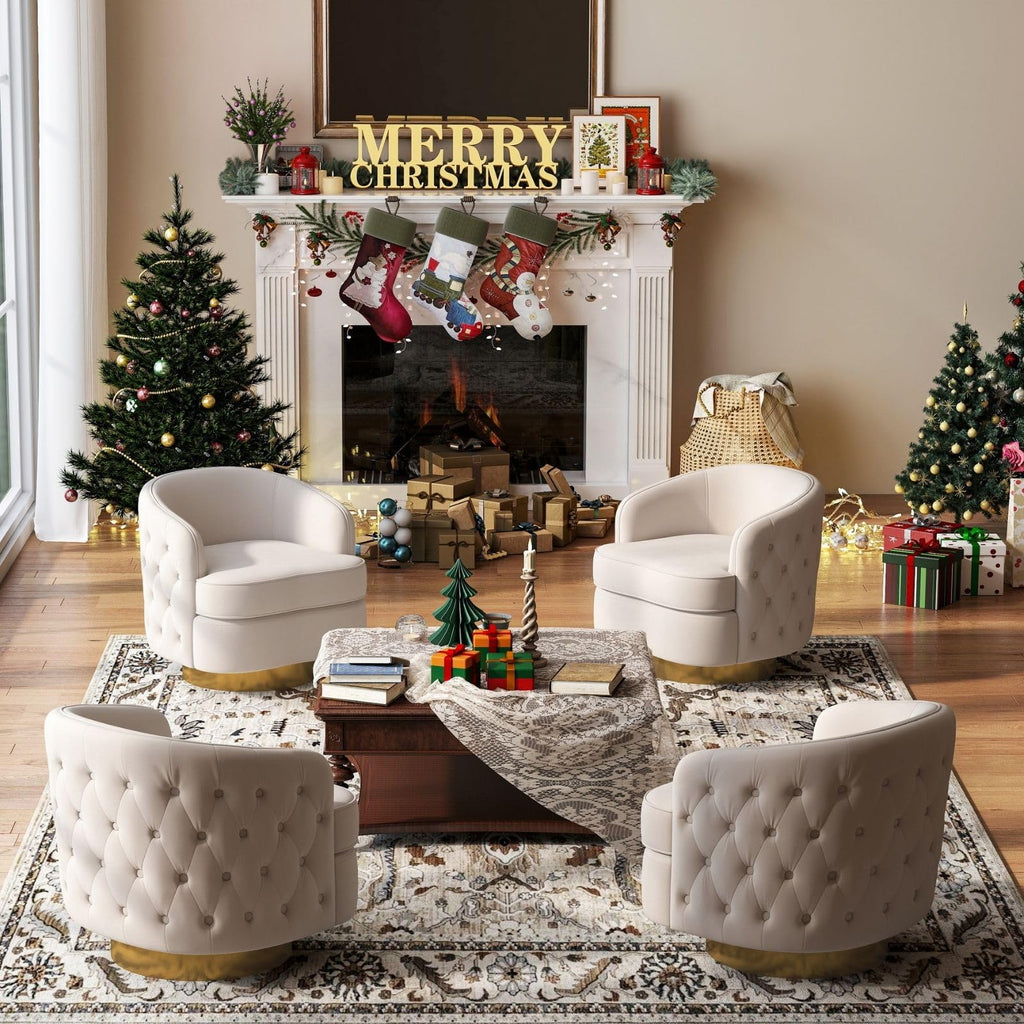 Set of 2 Modern Accent Chairs, Swivel Barrel Armchairs for Living Room, Button Tufted Velvet Comfy Chair, Round Upholstered Single Sofa Seating with Gold Base, White