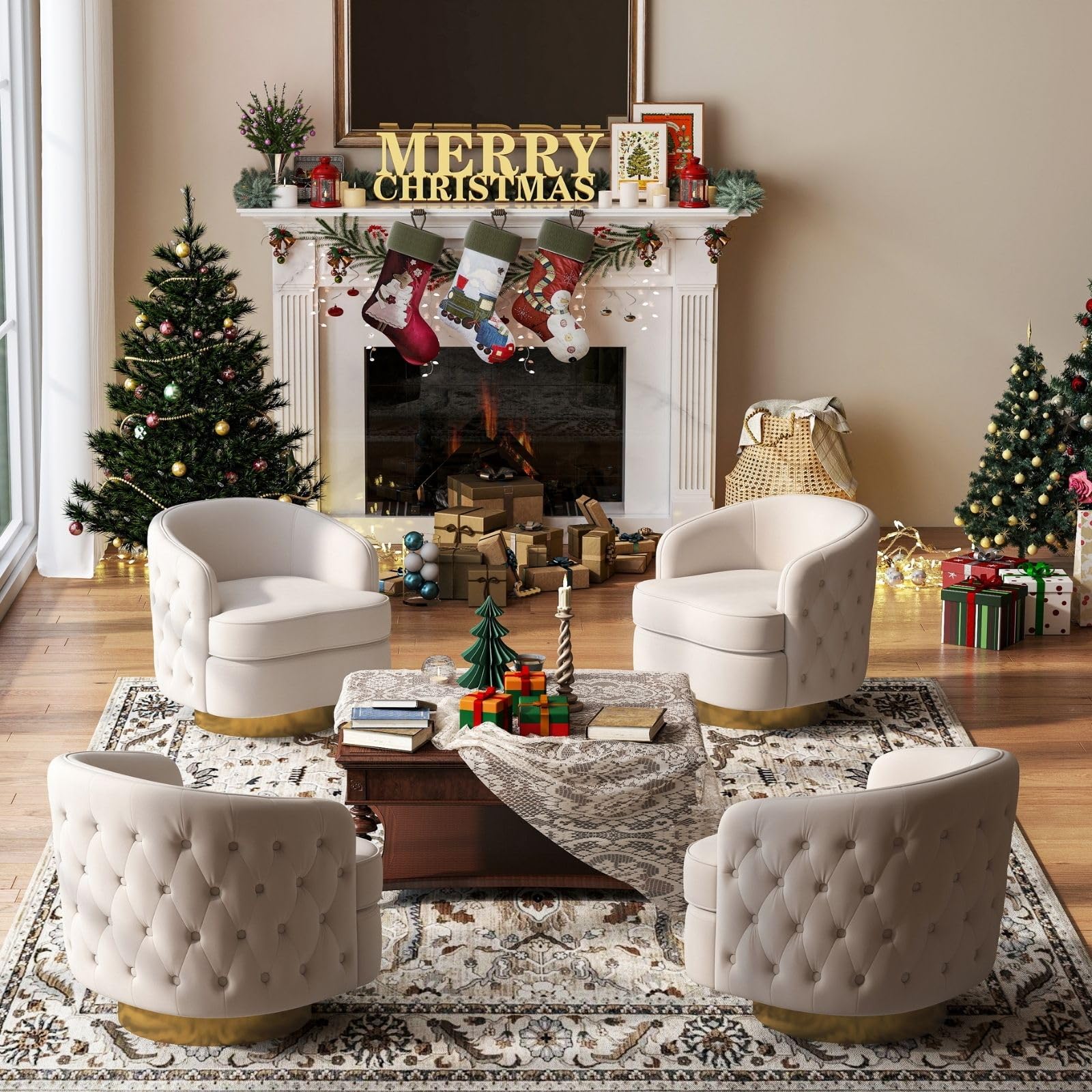 Set of 2 Modern Accent Chairs, Swivel Barrel Armchairs for Living Room, Button Tufted Velvet Comfy Chair, Round Upholstered Single Sofa Seating with Gold Base, White