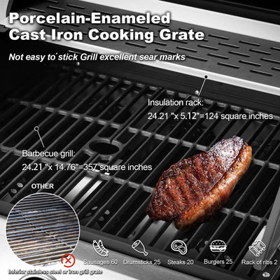 Upgraded 44,000 BTU Stainless Steel Burner Barbecue Grill, 4 Burner BBQ Propane Gas Grill with Side Stove & Cast Iron Grates for Patio, Camping, Outdoor Cooking