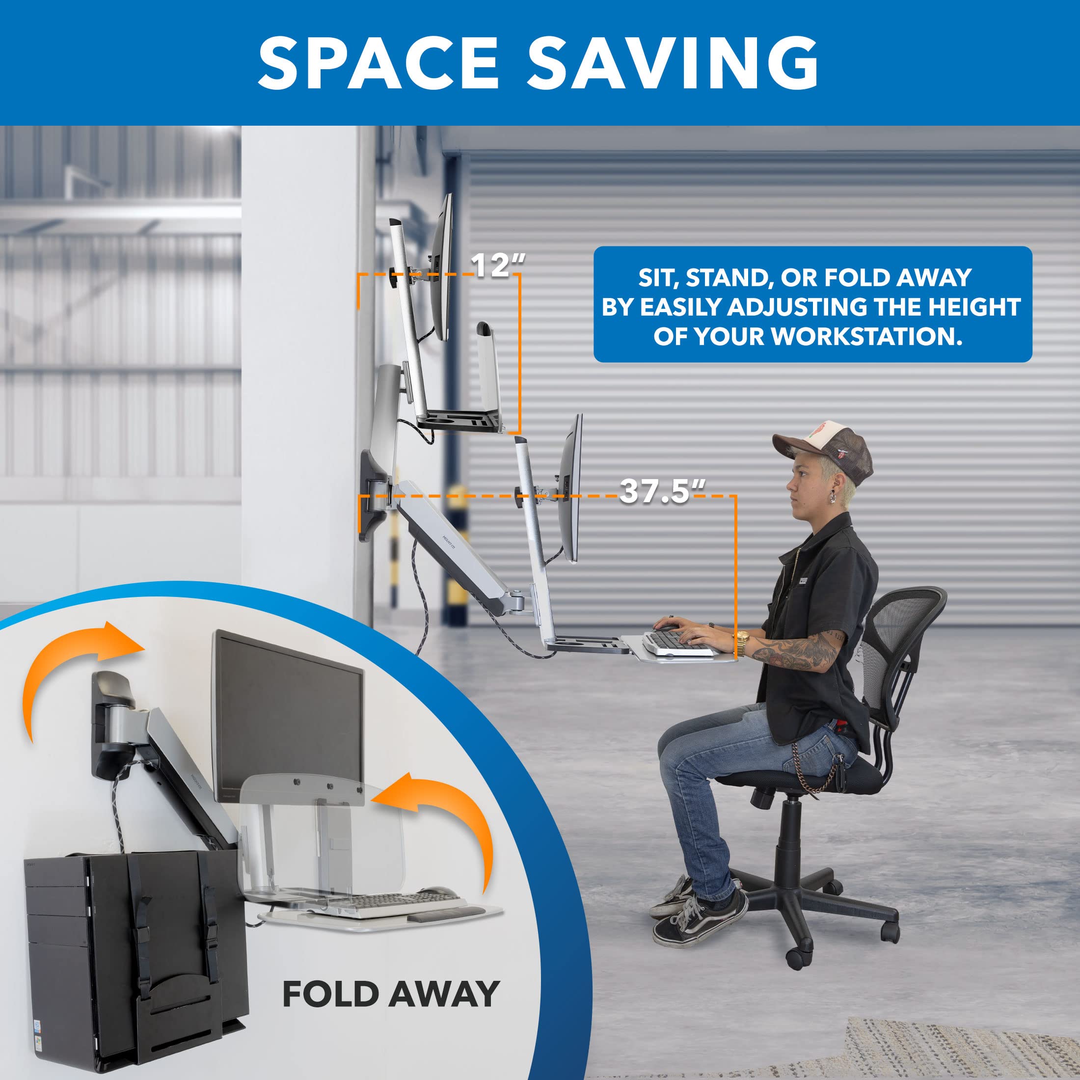 Sit Stand Wall Mount Workstation | Adjustable Height Stand Up Computer Station with Articulating Monitor Mount, Keyboard Tray, & CPU Holder | VESA Mount 75x75 and 100x100 | MI-7905