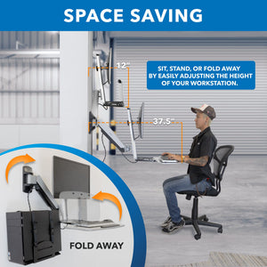 Sit Stand Wall Mount Workstation | Adjustable Height Stand Up Computer Station with Articulating Monitor Mount, Keyboard Tray, & CPU Holder | VESA Mount 75x75 and 100x100 | MI-7905