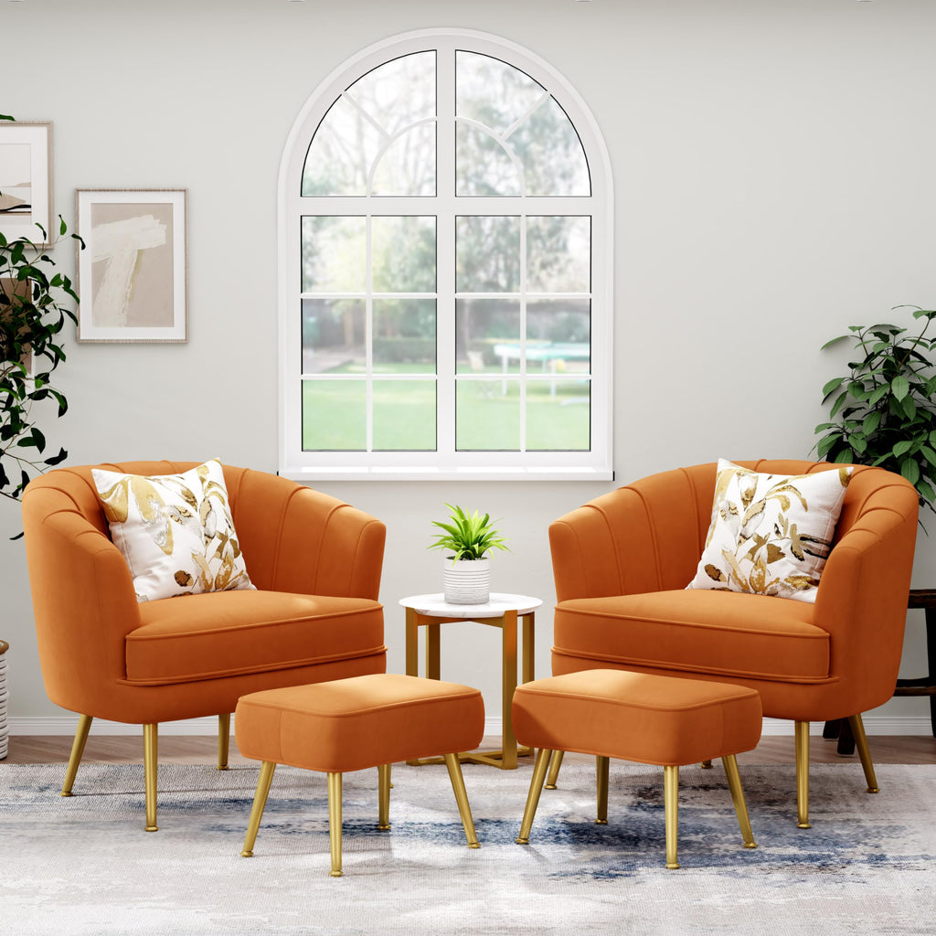 Velvet Accent Chair with Ottoman,Upholstered Modern Single Sofa Side Chair,Comfy Barrel Club Living Room Armchair with Golden Metal Legs for Bedroom Living Reading Room Office,Caramel Orange