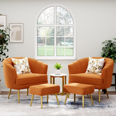 Velvet Accent Chair with Ottoman,Upholstered Modern Single Sofa Side Chair,Comfy Barrel Club Living Room Armchair with Golden Metal Legs for Bedroom Living Reading Room Office,Caramel Orange