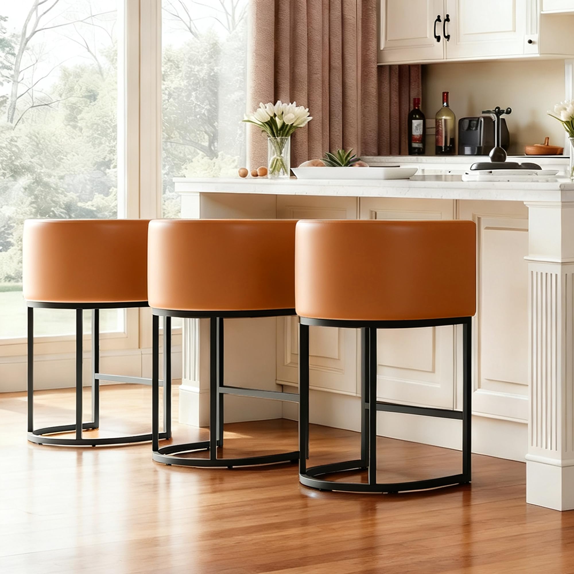 Modern Counter Height Bar Stools,Bar Stools Set of 3,PU Leather Upholstered Barrel Barstools with Backs,24'' Kitchen Island Chairs,Metal Black Frames,Camel Brown Leather
