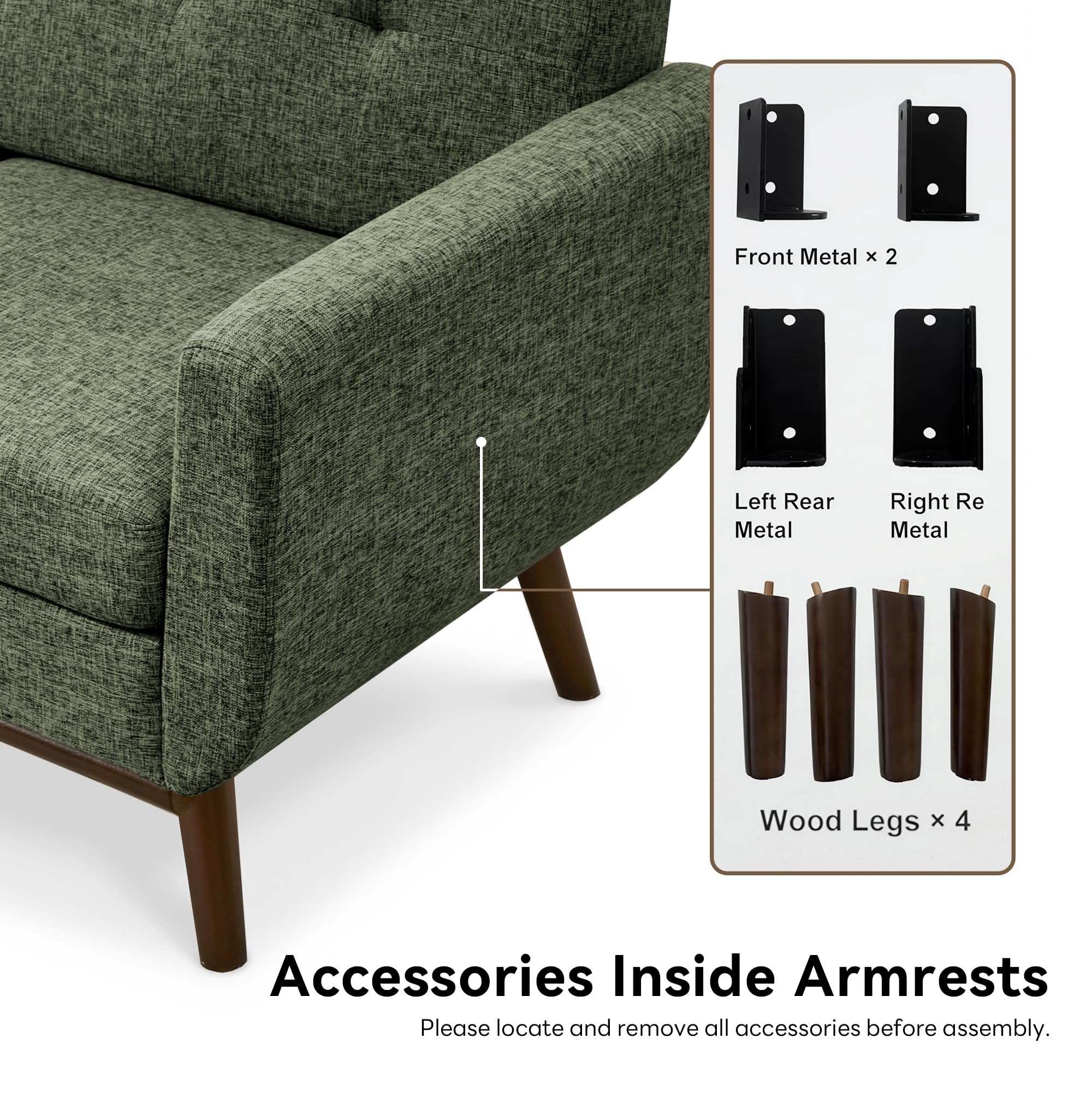 65.2" W Loveseat Sofa, Mid Century Modern Decor Love Seat Couches for Living Room, Button Tufted Upholstered Furniture, Solid & Easy to Install Small Couch for Bedroom Office Apartment, Green