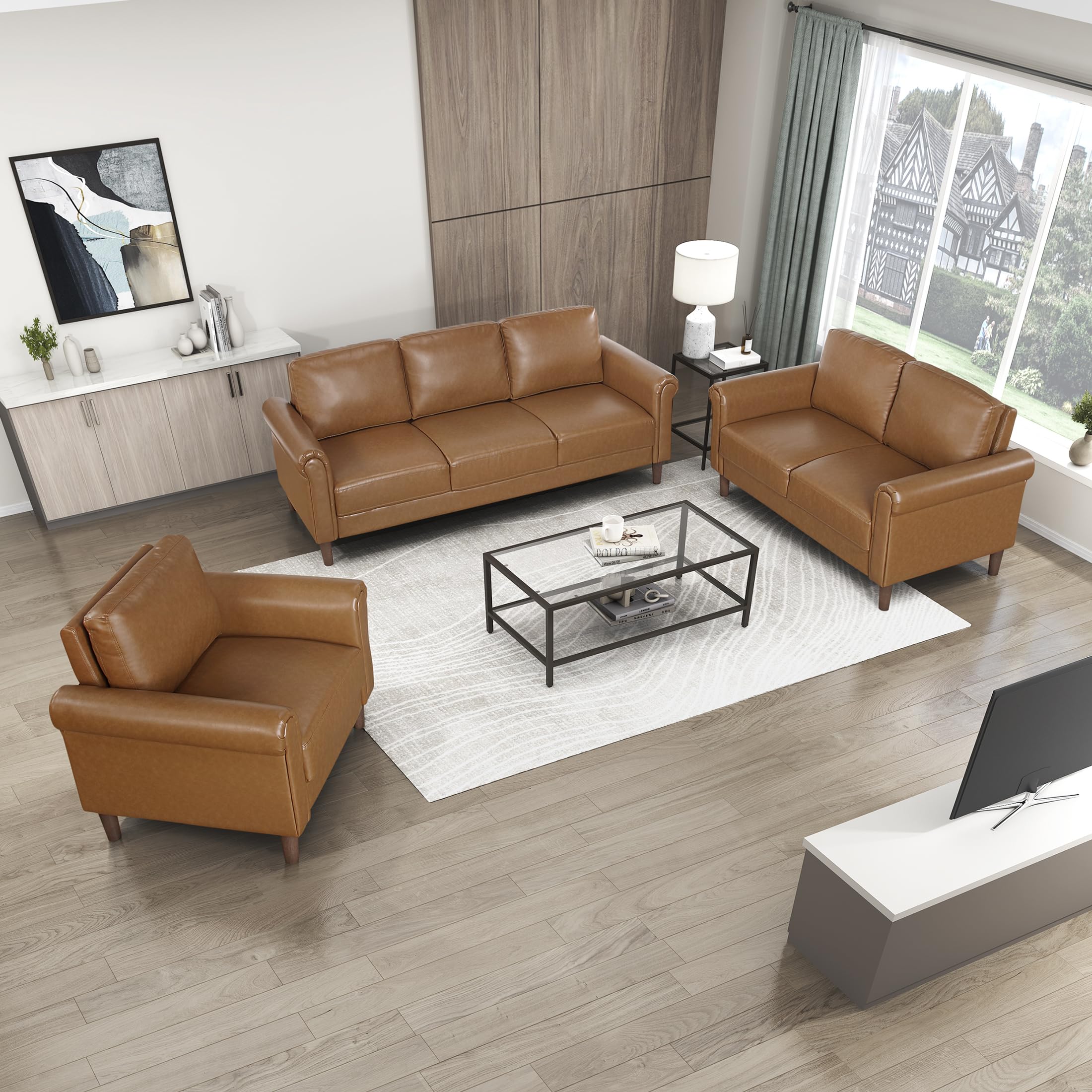 35" W Living Room Accent Chair, Faux Leather Upholstered Armchair with Rolled Armrest for Bedroom/Office/Waiting Room, Single Sofa Chair, Brown