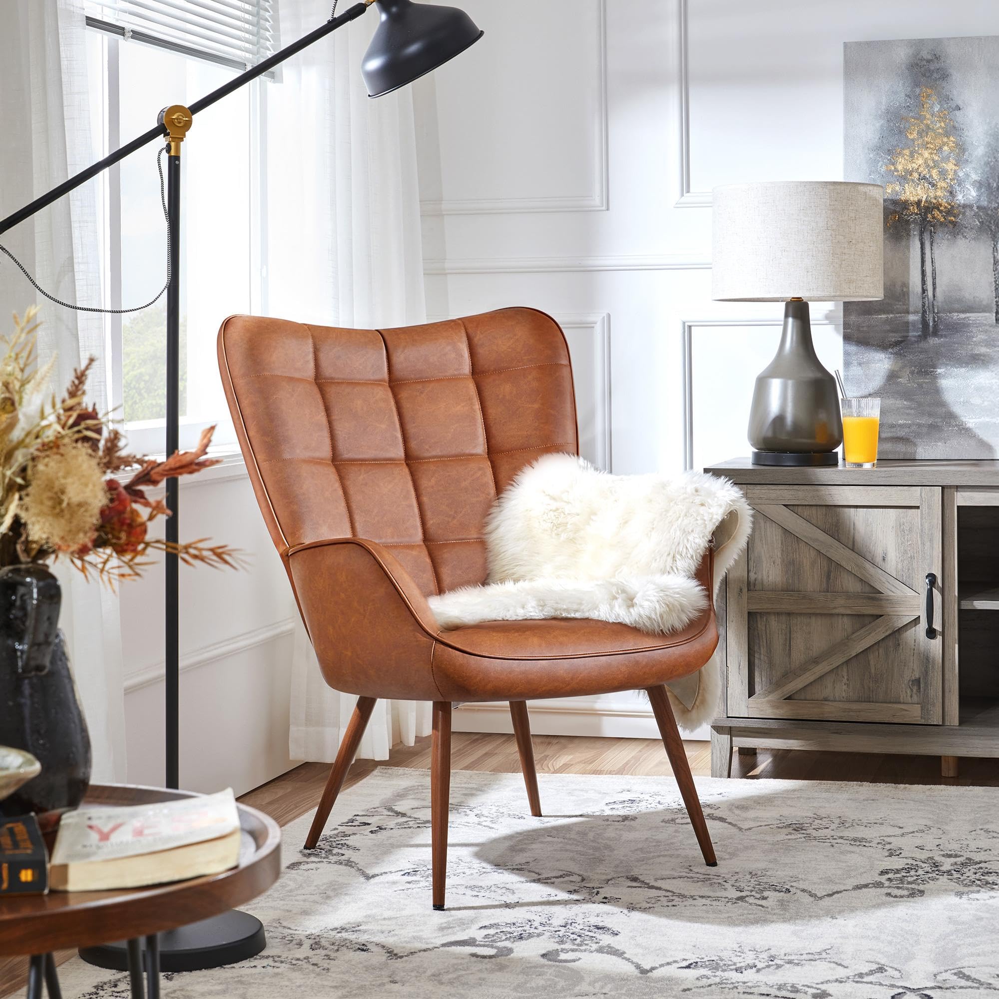 Accent Chairs, Large PU Leather High-Back Chair w/Metal Legs, Pottery Barn Style Living Room Chairs for Bedroom/Home Office, Camel