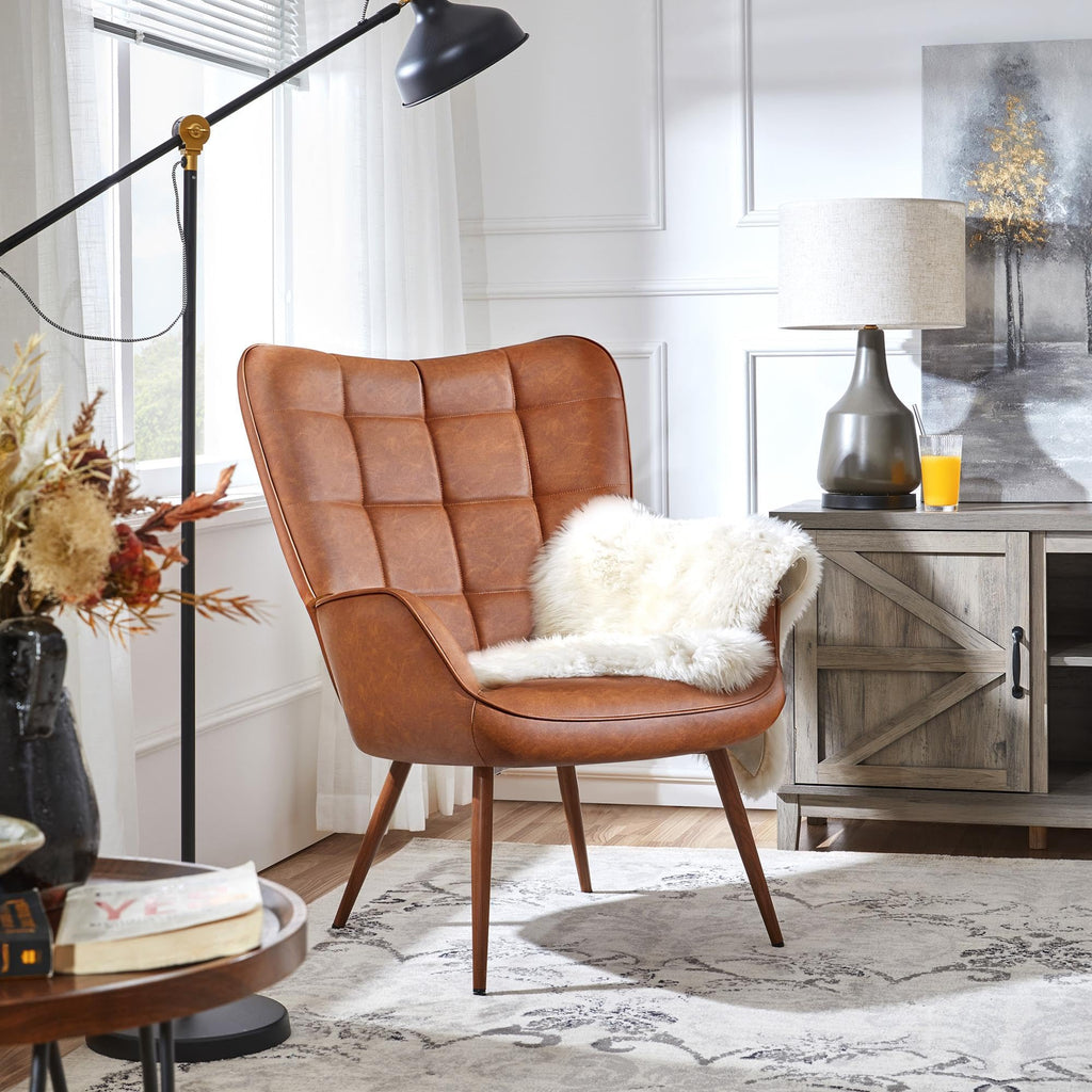 Accent Chairs, Large PU Leather High-Back Chair w/Metal Legs, Pottery Barn Style Living Room Chairs for Bedroom/Home Office, Camel